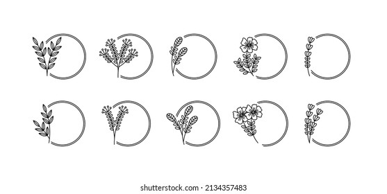 Botanical Circle Frame-realated vector element with line style. Perfect for any purpuse use. Decorative outline cector illustration. Botanical and flower circle frame.
