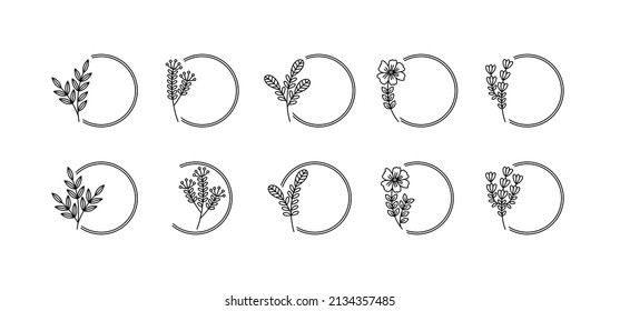 Botanical Circle Frame-realated vector element with line style. Perfect for any purpuse use. Decorative outline cector illustration. Botanical and flower circle frame.

