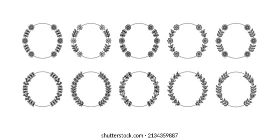 Botanical Circle Frame-realated vector element with line style. Perfect for any purpuse use. Decorative outline cector illustration. Botanical and flower circle frame.
