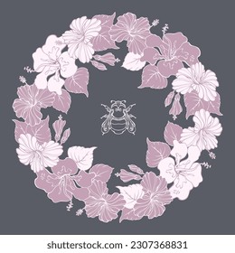 Botanical circle pattern with hibiscus and bumblebee. Wreath. Vector illustration.