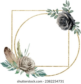 Botanical circle and square decorative frames with roses and feather, watercolor vector illustration. Geometrical golden thin border. Floral invitation, greeting card, postcard watercolour design elem