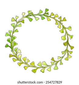 Botanical circle wreath with subtle leaves. Watercolor hand painted drawing