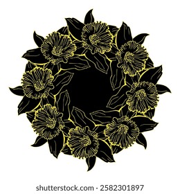 Botanical circle wreath with yellow outline hand drawn daffodil flowers isolated on black background. Monochrome vector floral elements for postcard, print, poster, home textile.