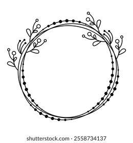 Botanical Circular Frame with Decorative Dots, Minimalist Black and White with Leaves, Berries and Concentric Dotted