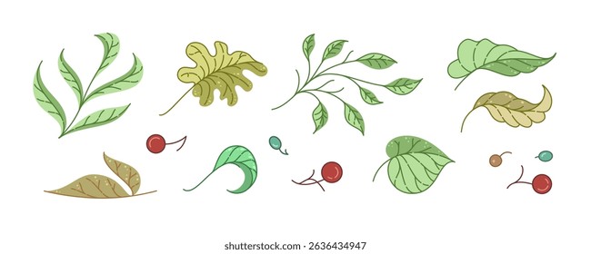 Botanical clipart set with green and yellow leaves and berries hand-drawn vector elements for digital stickers, planner design, scrapbooking, packaging, and eco branding