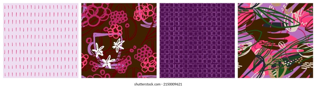 Botanical coffee seamless pattern set. Trendy abstract style illustration showing grow, harvest, manual picking coffee beans. Colorful vector graphic for cafe banner background or product packaging.