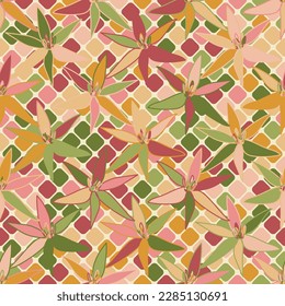 Botanical collage in modern trendy style. Abstract contemporary seamless pattern. Seventies Style, Groovy Background, Wallpaper. Hippie Aesthetic.