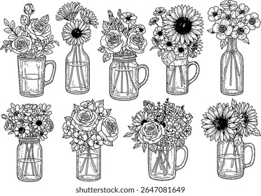 Botanical Collection Black and white line art, with flower arrangements in various vases and jars, aesthetically pleasing designs for decorative purposes and artistic projects.