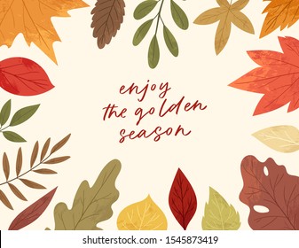 Botanical collection. Fall season greeting card, poster of hand drawn colorful fallen leaves, twigs, berries, forest mushrooms, tree branches. Cartoon textured vector illustration with autumn quote