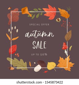 Botanical collection. Fall season greeting card, sale poster of hand drawn colorful fallen leaves, twigs, berries, mushrooms, tree branches. Cartoon textured vector illustration with autumn quote