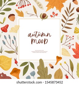 Botanical collection. Fall season greeting card, poster of hand drawn colorful fallen leaves, twigs, berries, forest mushrooms, tree branches. Cartoon textured vector illustration with autumn quote