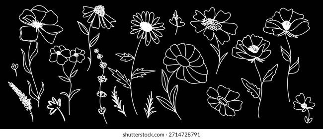 Botanical collection features various hand drawn white flower outlines and leaves sketched against a deep black background creating a high contrast minimalist design perfect for textile printing or e