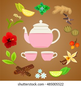 Botanical collection of  spice and herbs tea ingredients. glass Teapot and cusps. mint, ginger, cloves, linked green tea, tea leaves, hibiscus, berries, lemon, lime, vanilla, cinnamon, chamomile, lime