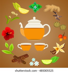 Botanical collection of  spice and herbs tea ingredients. glass Teapot and cusps. mint, ginger, cloves, linked green tea, tea leaves, hibiscus, berries, lemon, lime, vanilla, cinnamon, chamomile, lime