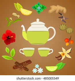 Botanical collection of  spice and herbs tea ingredients. glass Teapot and cusps. mint, ginger, cloves, linked green tea, tea leaves, hibiscus, berries, lemon, lime, vanilla, cinnamon, chamomile, lime