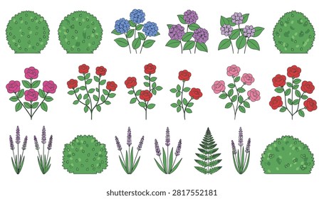 Botanical collection of various garden plants including lush green bushes, vibrant red roses, purple lavender, and detailed fern leaves.