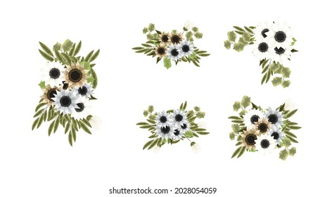 Botanical Collection Of Wild Floral Arrangements Sets With Garden Flowers, Herbs, Leaves, Branches, All Isolated As Design Elements For Banners, Postcards, Advertising, Social Media Posts, Textile,