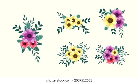 Botanical Collection Of Wild Floral Arrangements Sets With Garden Flowers, Herbs, Leaves, Branches, All Isolated As Design Elements For Banners, Postcards, Advertising, Social Media Posts, Textile,