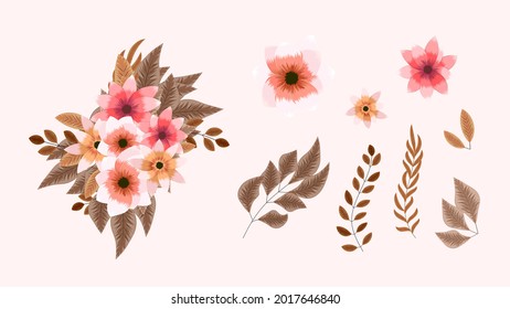 Botanical collection of wild floral elements with garden flowers, herbs, leaves, branches, all isolated as design elements for banners, postcards, advertising, social media posts, textile, web