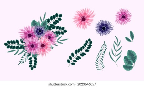 Botanical Collection Of Wild Floral Elements With Garden Flowers, Herbs, Leaves, Branches, All Isolated As Design Elements For Banners, Postcards, Advertising, Social Media Posts, Textile, Web