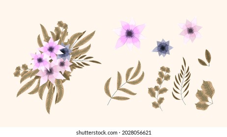 Botanical Collection Of Wild Floral Elements With Garden Flowers, Herbs, Leaves, Branches, All Isolated As Design Elements For Banners, Postcards, Advertising, Social Media Posts, Textile, Web