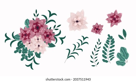 Botanical Collection Of Wild Floral Elements With Garden Flowers, Herbs, Leaves, Branches, All Isolated As Design Elements For Banners, Postcards, Advertising, Social Media Posts, Textile, Web