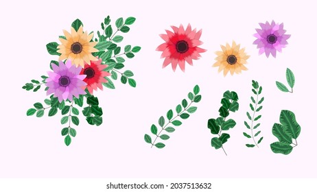 Botanical Collection Of Wild Floral Elements With Garden Flowers, Herbs, Leaves, Branches, All Isolated As Design Elements For Banners, Postcards, Advertising, Social Media Posts, Textile, Web