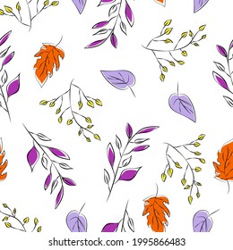 Botanical colored seamless pattern. Lines silhouettes of different herbs and leaves. Vector background with delicate plants.