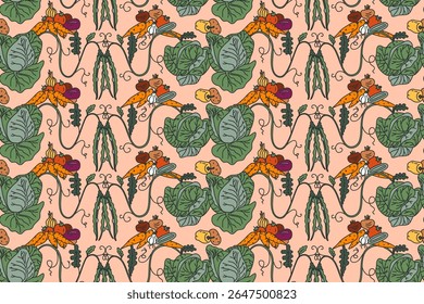 Botânico colorido legumes decorativos sem costura padrão vetor ilustração. Repetindo diferentes plantas vegetarianas com raízes folhas de caules em fundo bege. Design gráfico para moda capa têxtil 