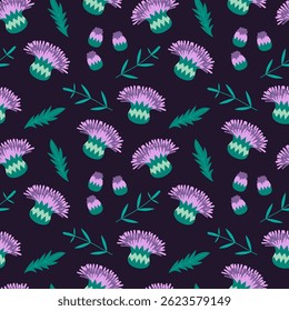 Patrón de flores de colores botánicos sobre fondo negro. Ilustración vectorial dibujada a mano en estilo plano.