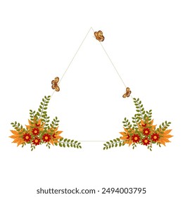 Botanical, colorful frame with flowers, autumn maple leaves and butterflies. Vector graphics.