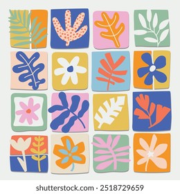 botanical colorful icons set, Flowers and leaves abstract shapes flat style