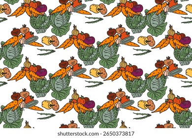 Botanical colorful vegetables seamless pattern vector illustration. Repeating cartoon different veggies with Cabbage Carrot Peas Pepper Onion Tomato in white background. Graphic design for Cover Card