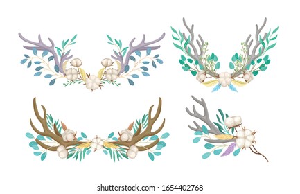 Botanical Composition with Deer Horns and Cotton Flowers Vector Set