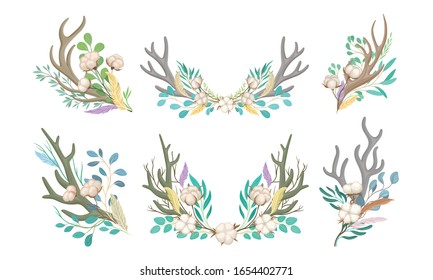 Botanical Composition with Deer Horns and Cotton Flowers Vector Set