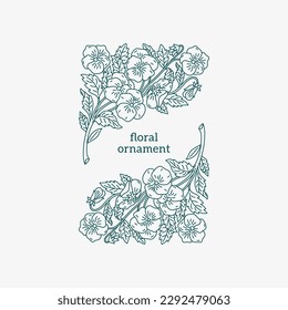 Composición botánica con flores, ramas y hojas. Diseño para etiqueta, invitación, tarjeta, afiche. Estilo gráfico lineal. Ilustración vectorial.