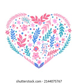 Botanical composition in the shape of a heart. Hand drawn floral ornament vector illustration. Perfect for Valentine greeting card, textile print.