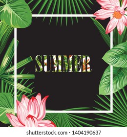 Botanical composition slogan summer in the white frame. Poster from beauty realistic vector flowers pink lotus and green palm leaves on the black background.
