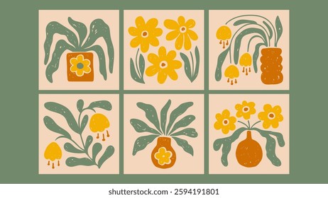 Botanical Contemporary Art Cards and Posters Set. Mid century modern flowers and plants in pot and vase. Vintage wavy crayon and chalk drawing, Shabby chic aesthetic. Vector illustration