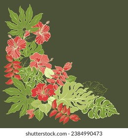 Botanical corner pattern with exotic tropical plants. Hibiscus, monstera, palm. Isolated floral pattern with leaves and flowers. Vector illustration.