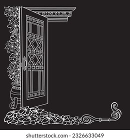 Botanical corner pattern with tropical flowers and open door. Vector
