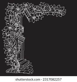 Patrón de esquina botánica con plantas tropicales. Esbozar ilustración dibujada a mano. Vector.
