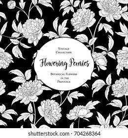 Botanical cover design with floral elements. Invitation card design with peony flower pattern. Calligraphic text - Flowering Peonies. Decorative frame or border for marriage card. Vector illustration.