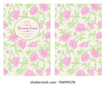 Botanical cover design with floral elements. Invitation card design with peony flower pattern. Calligraphic text - Flowering Peonies. Decorative frame or border for marriage card. Vector illustration.