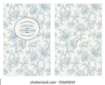 Botanical Cover Design With Floral Elements. Vintage Card Design With Peony Flower Pattern. Decorative Frame Or Border For Wedding Card. Vector Illustration.