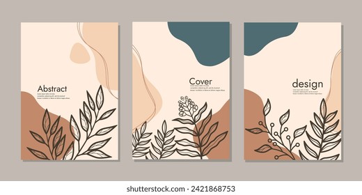 Juego de vectores de cubierta botánica. Dibujar a mano hojas de plantilla y fondo de línea de arte para el papel, dibujo de línea de follaje con forma abstracta. Resumen Diseño de arte vegetal para invitación, tarjeta, portada, diario