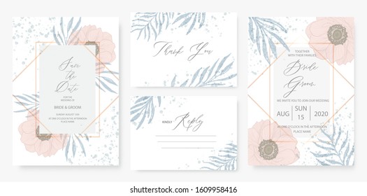 Botanical creamy wedding invitation card template set with green floral decoration.