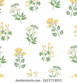 Botanical cute flower pattern on white background. Yellow green rustic. Hand-drawn vector illustration in flat style.