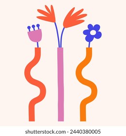 Botanical cute simple clipart. Vector trendy floral flat illustration. Cutout style flowers vase