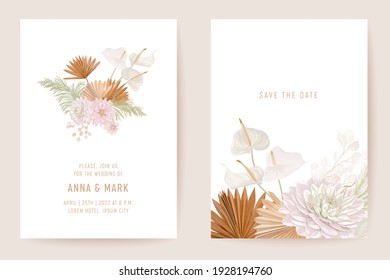 Botanical dalia wedding invitation card template design, tropical palm leaves frame set, dry pampas grass watercolor minimal vector. Save the Date golden foliage modern poster, luxury background